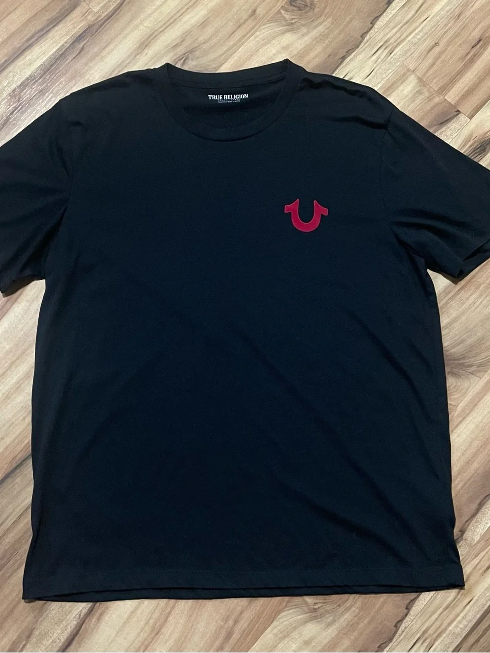 True Religion Black T-Shirt Red Block Letter Buddha Guitar Graphic Tee